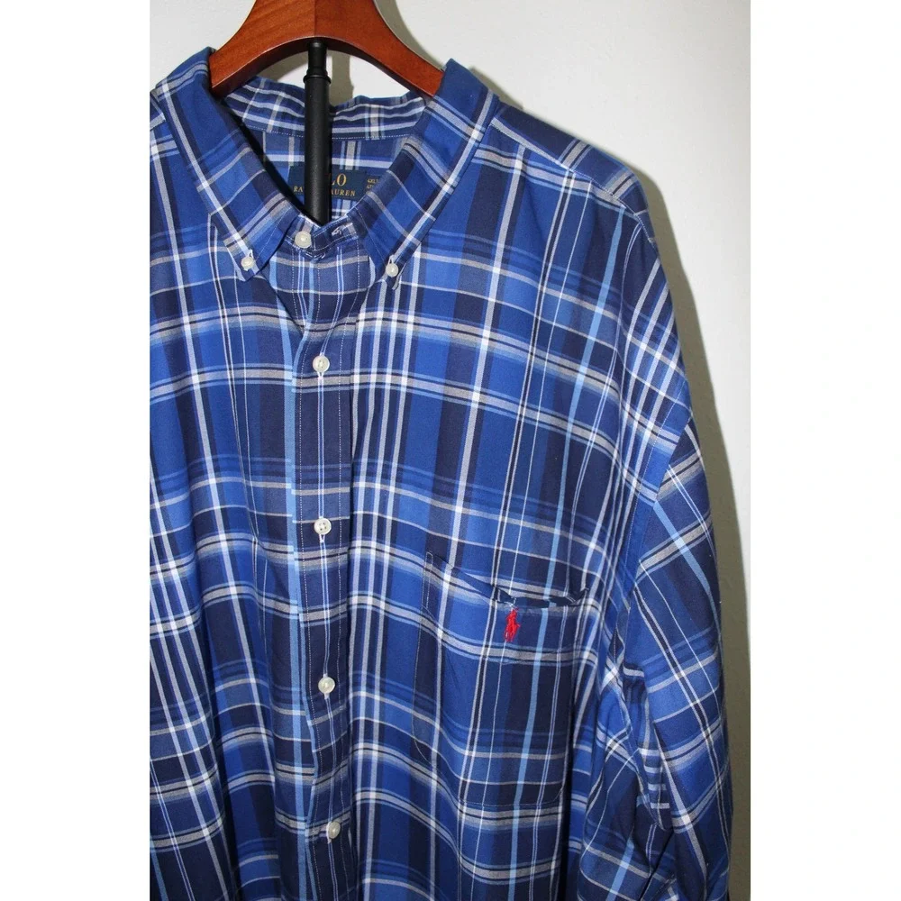 Polo Ralph‎ Lauren Men's Blue Plaid Button Down Shirt 4XLT Big and Tall Cotton